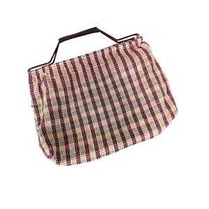 Plaid Woven Carpet Hand Bag Purse Maroon Tan Boho‎ Unique Metal Handles Retro